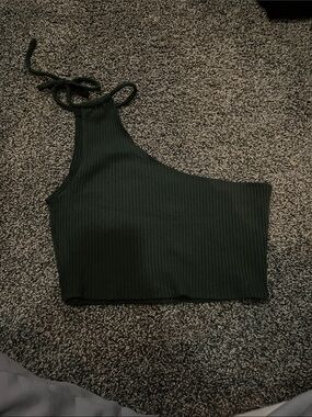aerie One-Shoulder Ribbed Crop Camisole in Dark Green